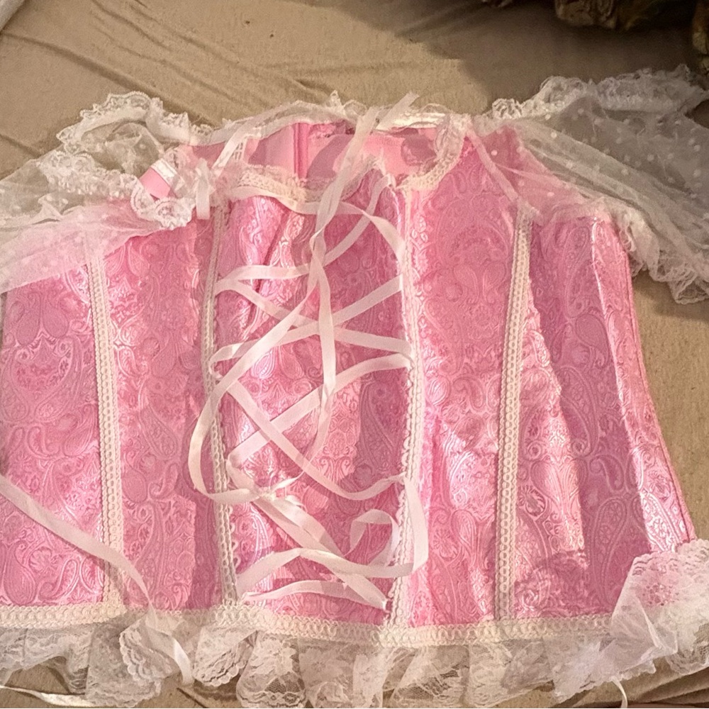 Chic Pink Lace Corset with sheer sleeves